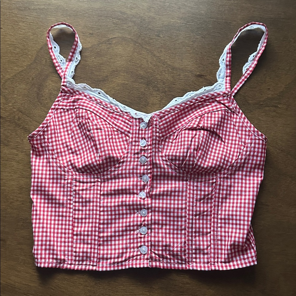 Red Gingham Button-Up Corset Top